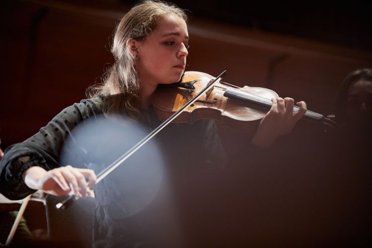 A girl with brown hair and wearing a black long sleeved top plays the violin.